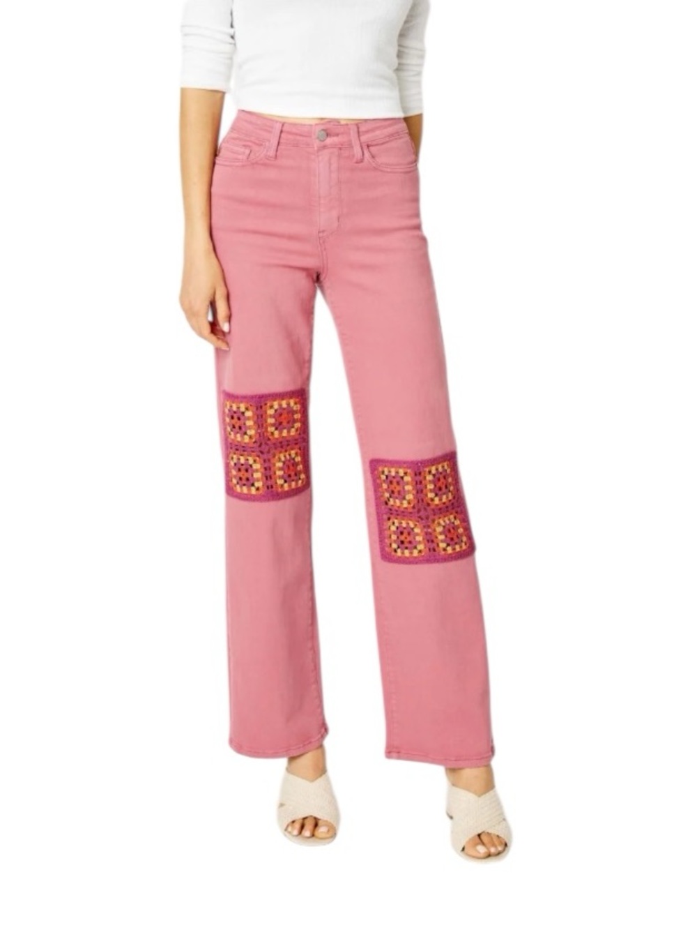 JUDY BLUE High Rise Dusty Pink
Crochet Patch Wide Leg Jeans.